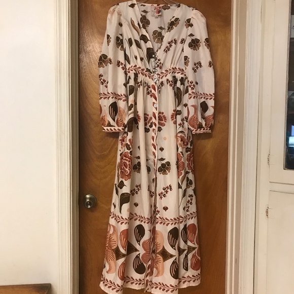 Truly 4 You Anthropologie Cream/ Brown flowers Flowy puff sleeve Maxi Dress - Picture 2 of 5